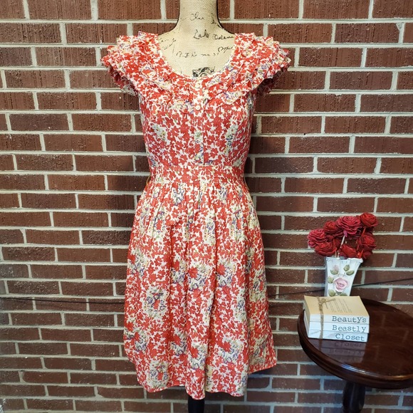 Kay Unger Dresses & Skirts - Kay Unger Red Layered Ruffle Floral Cotton Silk Cap Sleeve Fit Flare Dress 6 NWT